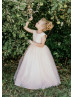 Peach Pink Sequin Tulle V Back Flower Girl Dress